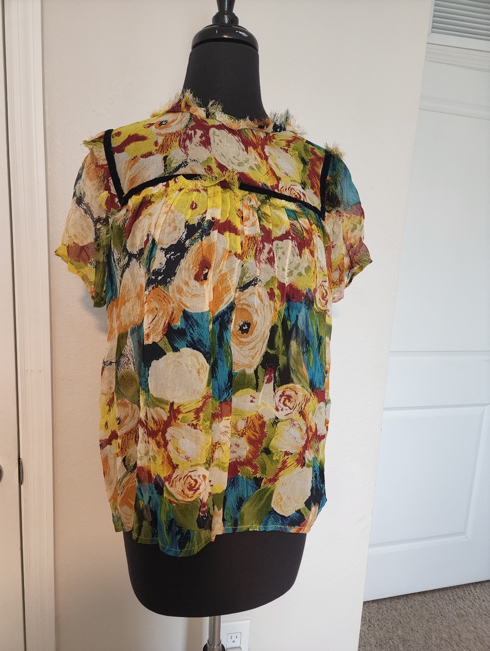 Anthropologie Yellow Multi Floral Ruffle-Trim Blouse